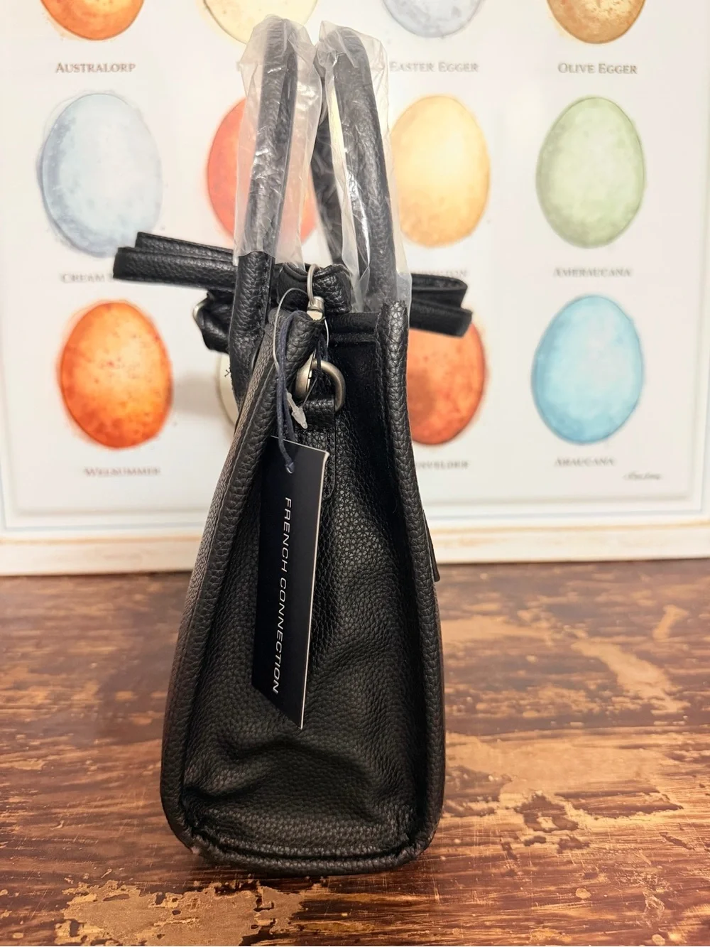 French Connection Black Pebbled Leather Satchel with Front Zip
